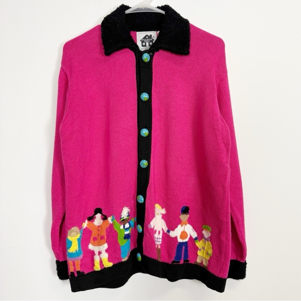 Storybook Knits Cardigan Sweater Womens Medium Pink Black Kids World Peace